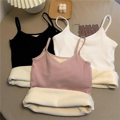Spaghetti Strap Warm Ribbed Vest: Velvet-Lined, Slim-Fit, Elastic Base Layer for Women