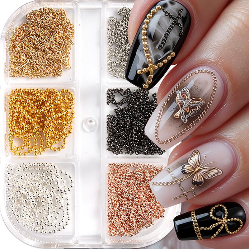 1 Box Metal Chain Nail Art Charms Multi-Shape Golden Silvery Rose Gold Black Nails Chain Diy Nail Supplies Manicure Accessories