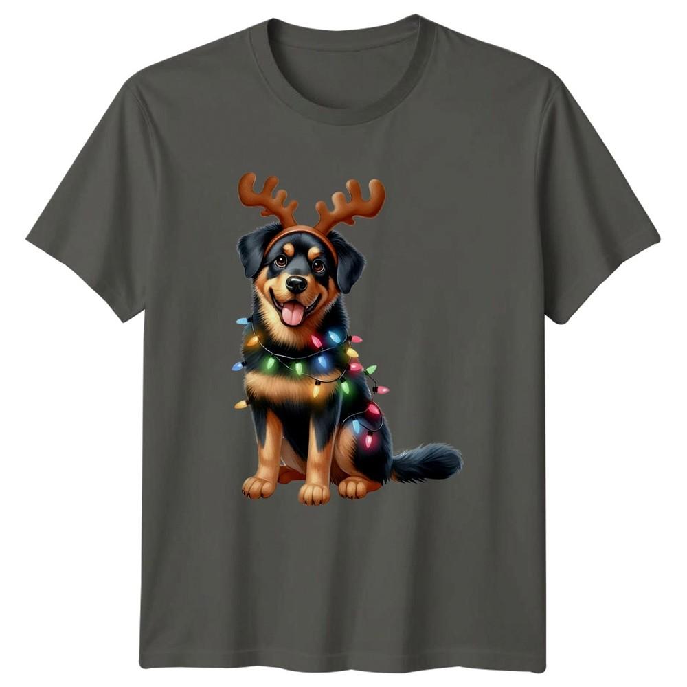 Christmas Dog Lights Reindeer Antlers Unisex Graphic Tee Holidays S