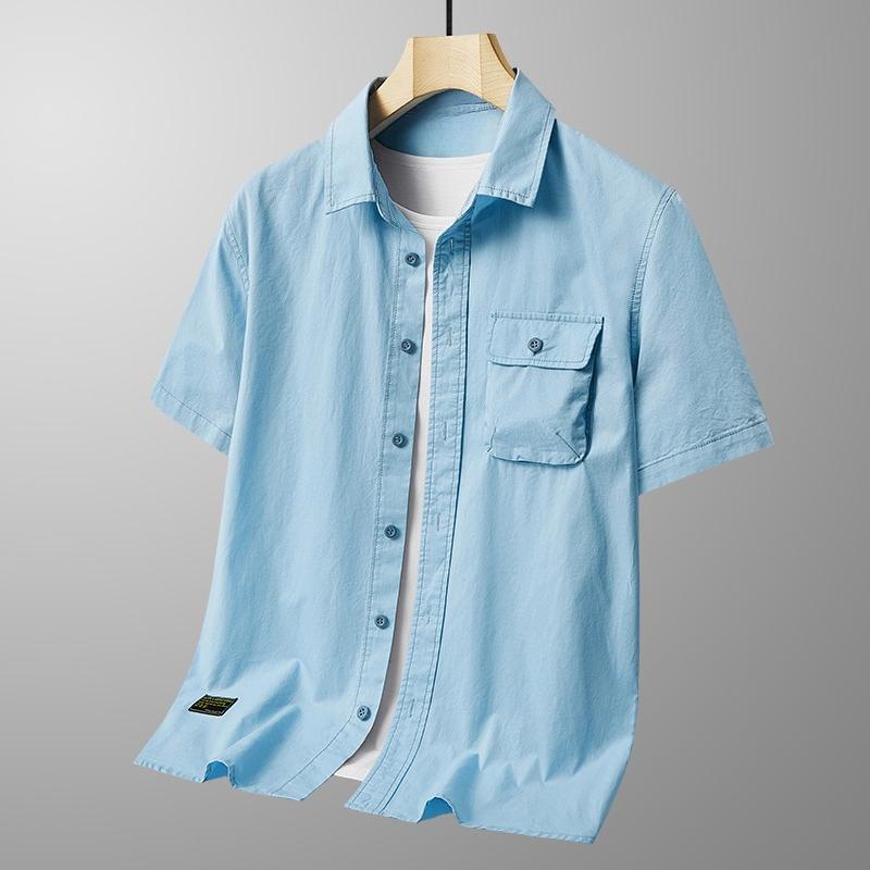 Men's Summer Cotton Short Sleeve Polo Collar Shirt Multiple Pockets Workwear Loose Plus Size Thin Casual Top for Middle Aged Young