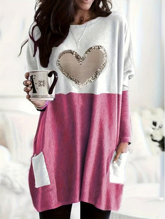 2025 Plus Size Women's Holiday Patchwork Heart Cartoon Long Sleeve Top