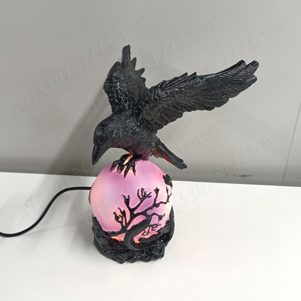 Gothic Raven Table Lamps USB Power Black Crow Moonlight Night Lights with Glowing Crystal Ball Ornaments for Home Festival Decor