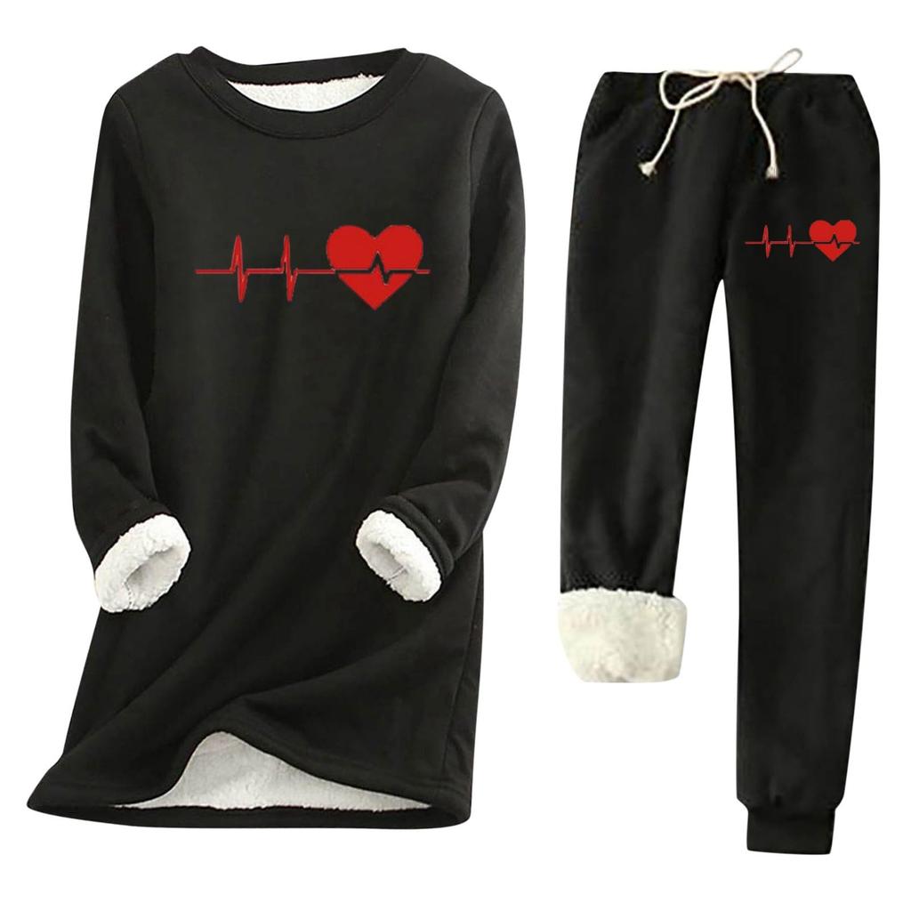 Women's Print Round Neck Warm Suit Long Sleeve Fleece Drawstring Sweatpants Two-Piece Set