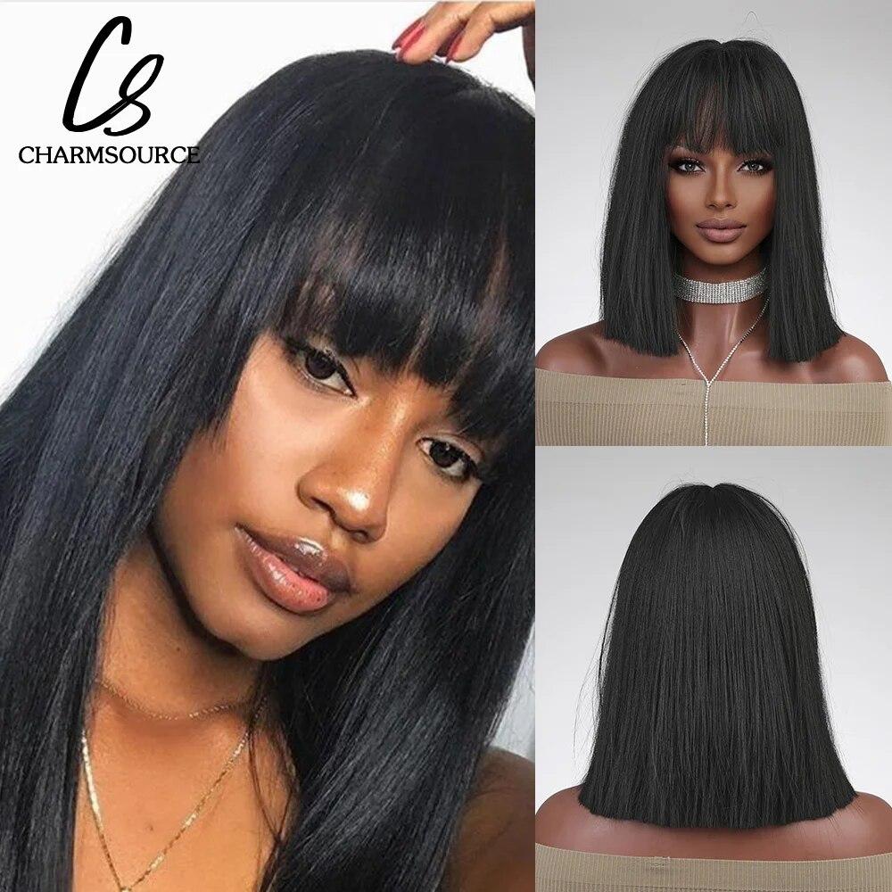 Short Straight Bob Synthetic Wigs with Bangs for Women Brown To Blonde Wig Cosplay Party Daily Heat Resistant Fiber Hair