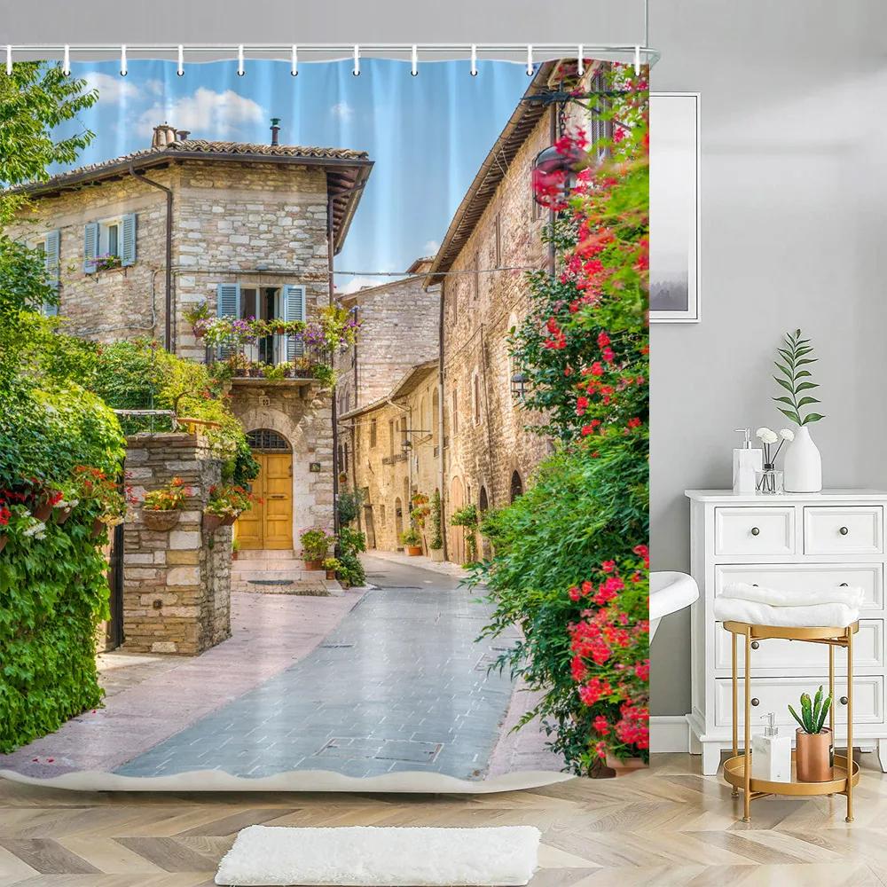 Greek Town Street View Shower Curtain Blue Wooden Doors Windows Flower Plant Wall Decor Bathroom Hanging Curtains Set With Hooks