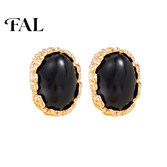 Daily Wear Gold Tone Jewelry 1 Pair Vintage Oval Stud Earrings for Women, Retro Statement Elegant Resin Gemstone Earrings, Frame Chunky Stone