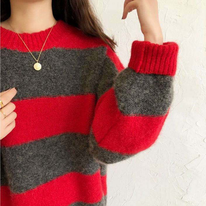 Color-blocking Striped Knitted Sweater for Women Loose and Casual Sweater Long-sleeved Trendy Pullover for Women Autumn and Winter