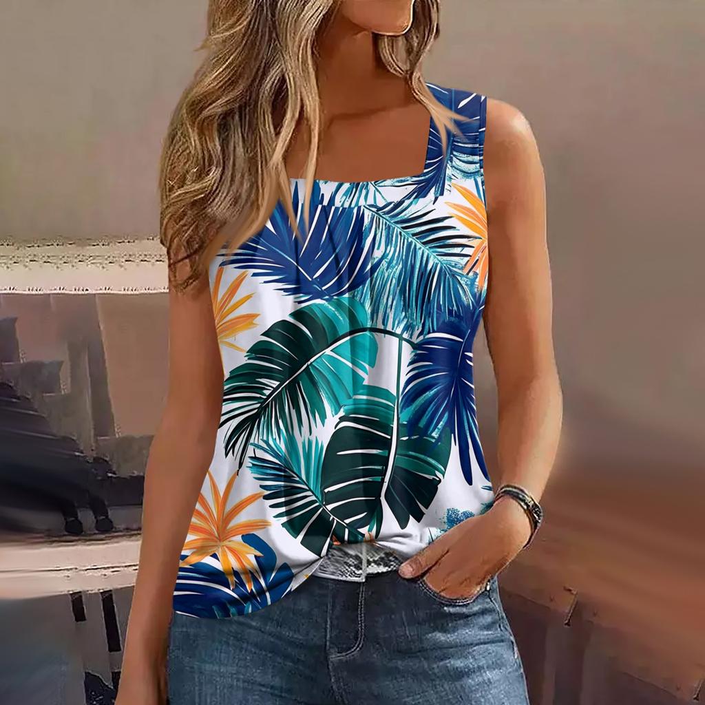 Damen Sommer Casual Plissee Quadratischer Ausschnitt Ärmelloses Tank Top Bedrucktes T-Shirt