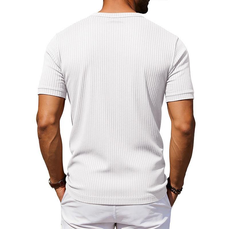 Men Retro Casual Ribbed Henley Short Sleeve Sports T Shirt