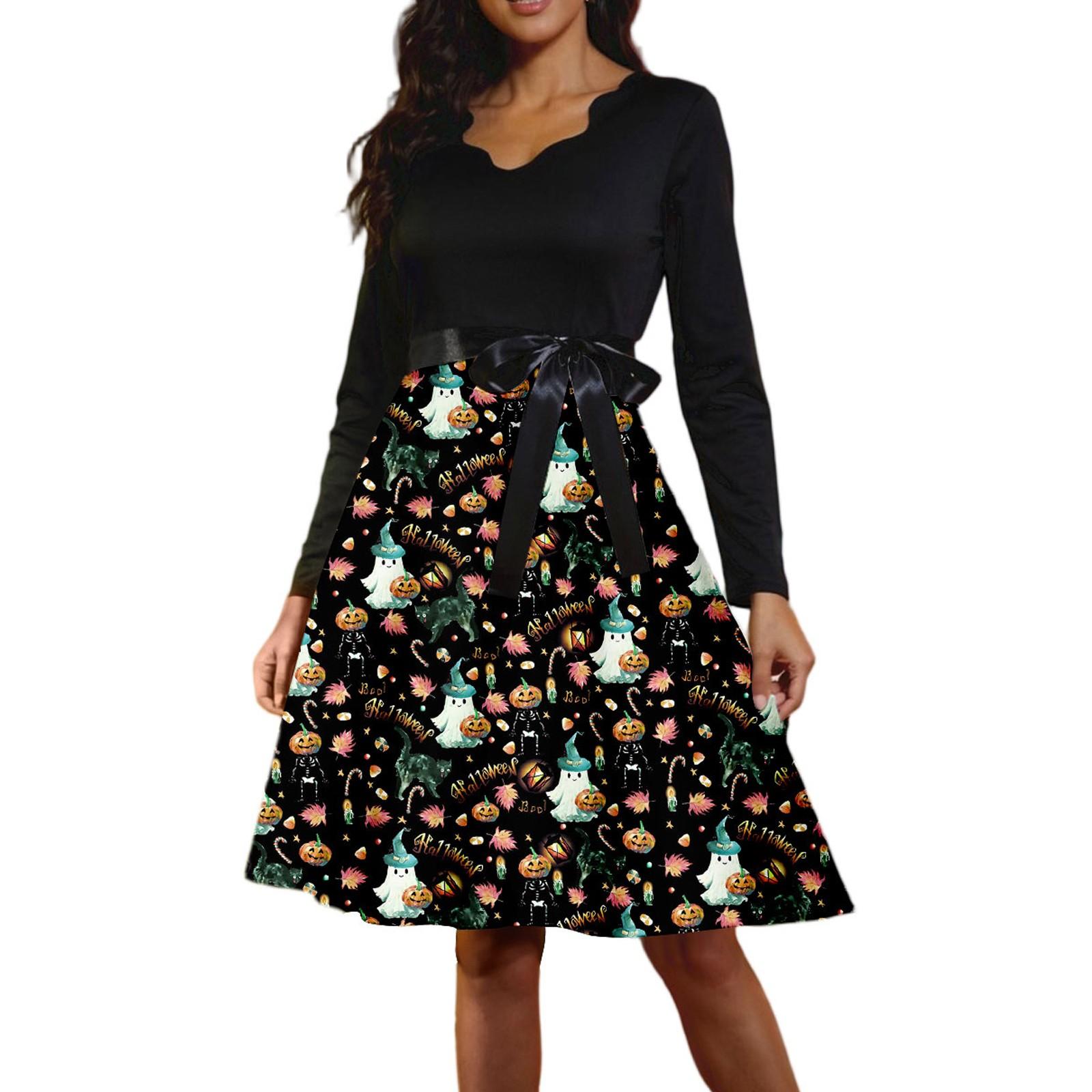 

Женские повседневные модные винтажные длинные платья с длинным рукавом на Хэллоуин и графическим принтом XXXL