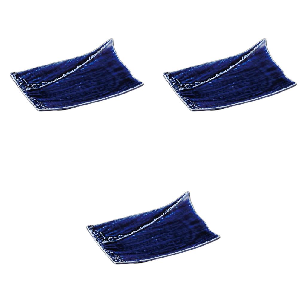 Set of 3 Indigo Splash Pottery Plates X X Pottery Setomonohonpo [22.2 14.5 4cm] Plates, Ceramic,