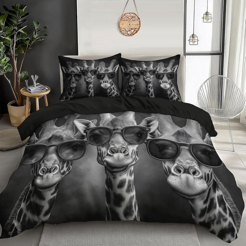 Giraffe 3D-gedruckte Bettbezug-Bettwäsche-Set, Weiche Mikrofaser-Kissenbezüge, Versteckter Reißverschluss Wildtier-Steppdeckenbezüge Für Kinder Jugendliche