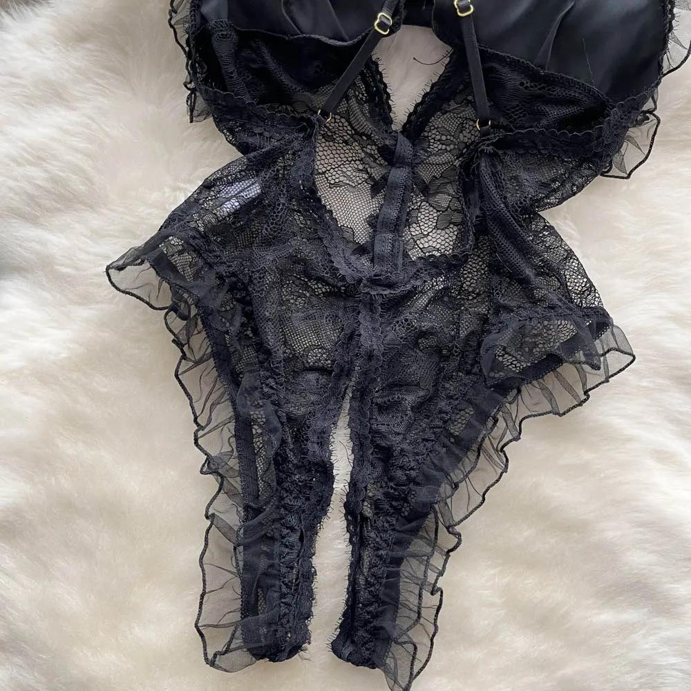 See-through Sexy Camisole Bodysuits Women Big Bow Hollow Out Open Crotch Skinny Playsuit Lace Rompers Backless Solid Sleeveless