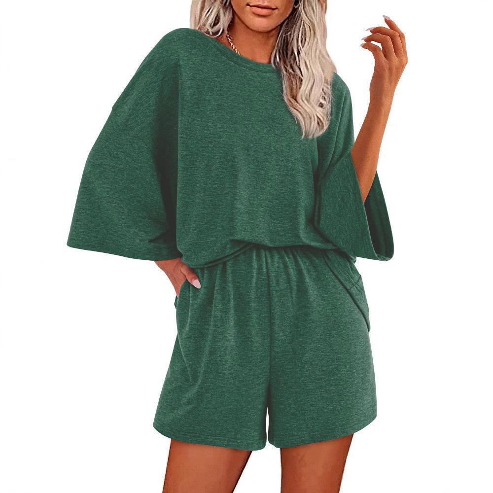 Women's Casual Sportswear Set Loose Fit Short Sleeve Top and Shorts Lounge Wear