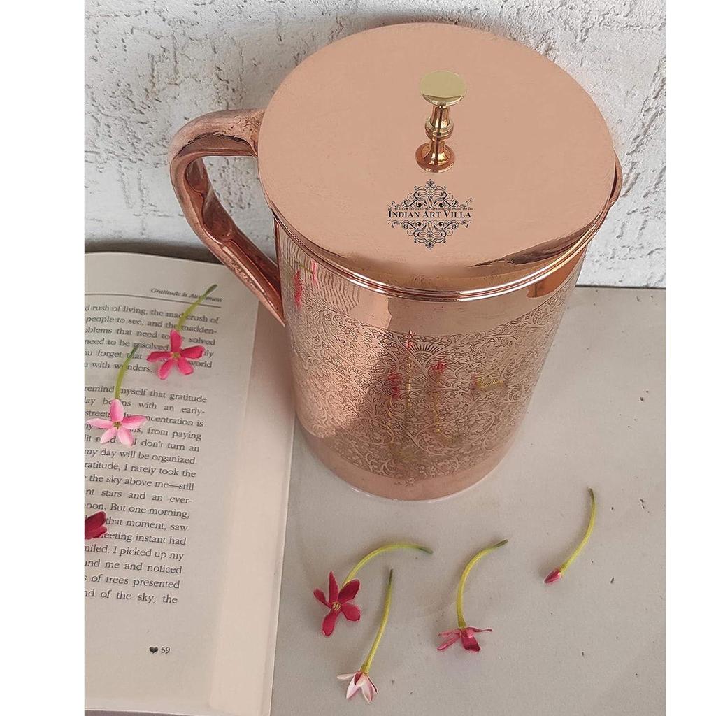 Full Embossed Design Copper Jug Pitcher with Brass Knob, Storage & Serving Water, Yoga Ayurveda Healing, Volume- 1500 ML