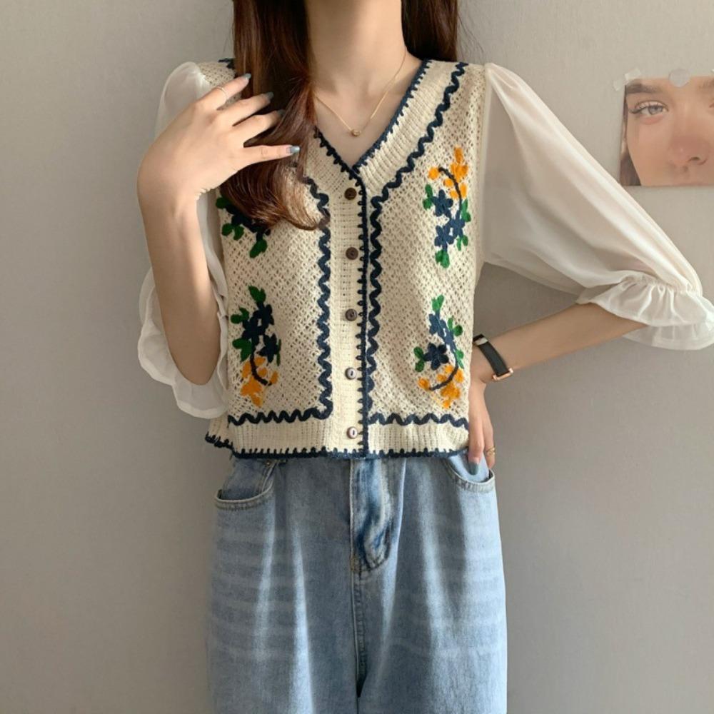 Flower Embroidery Chiffon Sleeve Shirts Button Front Short Top New Crochet Blouse  Women