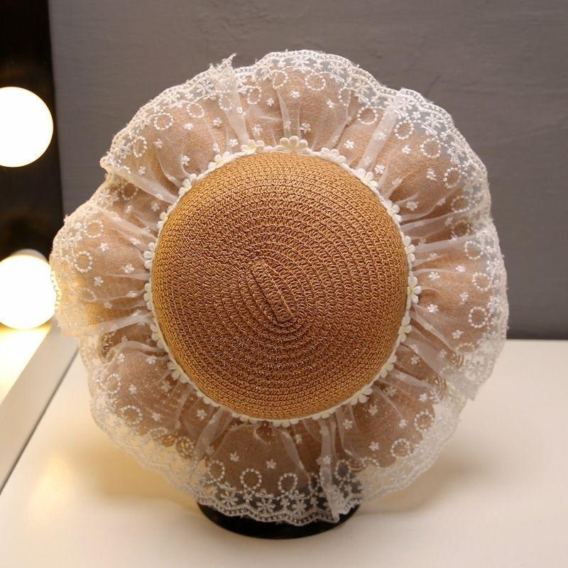 Girl's Sunscreen Lace Straw Hat Summer Children's Sunshade Travel Princess Wind and Snow Spinning Cool Hat