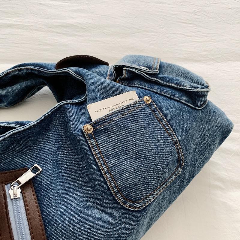 Washed Denim Slouchy Hobo Bag with Multi Pocket Design and Ruched Strap Casual Shoulder Purse for Women Daily Travel