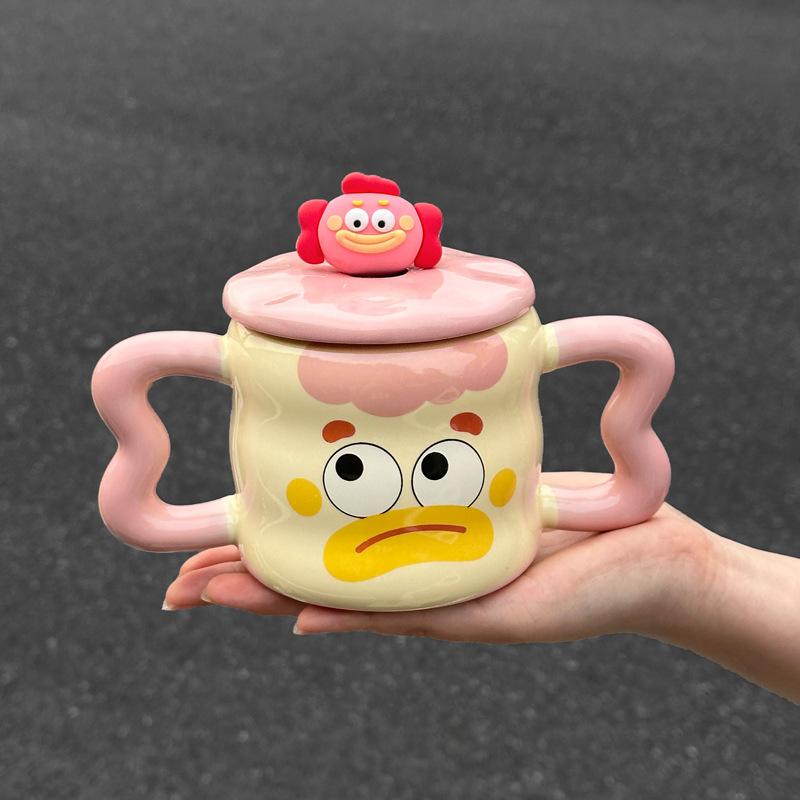 Cute Mug Ceramic Cup with Lid Spoon Boys and Girls Household Water Cup Coffee Milk Cup Birthday Gift