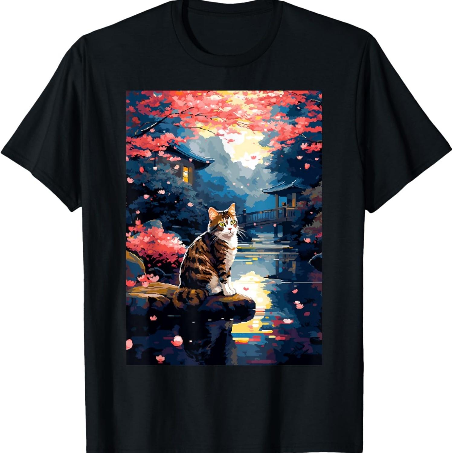 Garden Pond Cherry Blossom Zen Cat Pixel Art T-Shirt S