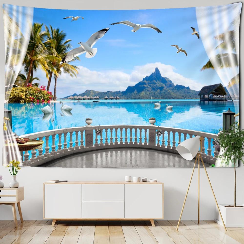 Imitation Window Landscape Painting Tapestry Wall Hanging Bohemian Natural Scenery Hippie Living Room Home Decor