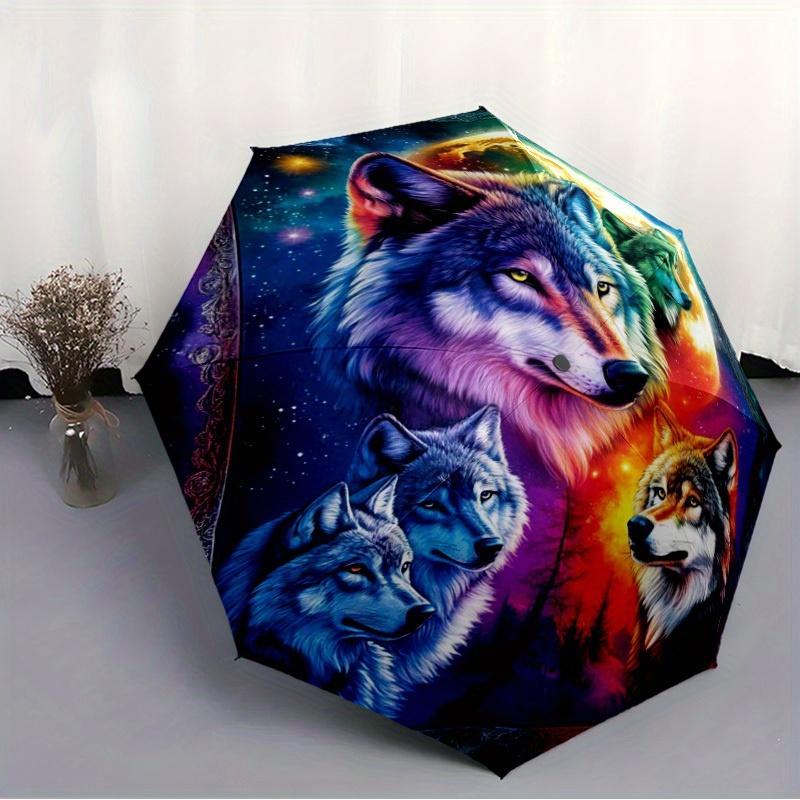Wolf Pattern New Automatic Folding Umbrella, Portable Travel Umbrella for Men and Women, Halloween & Christmas Birthday Gift M
