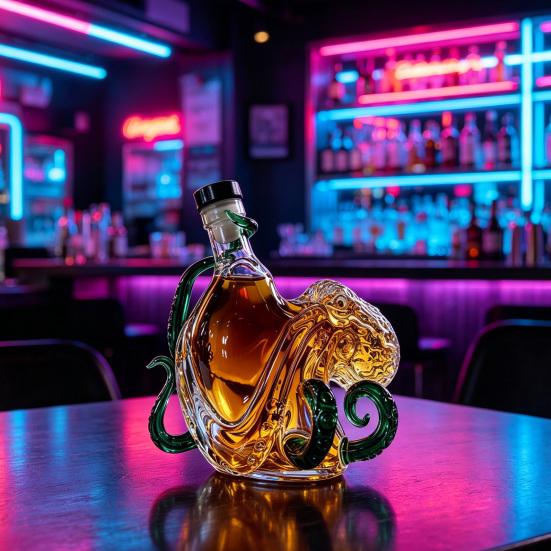 Yousheng Octopus Shaped Whiskey Decanter, 3D Blown Glass Wine Bottle with Stopper, 400ml Handmade Lead-Free Barware, Creative Bar Decor Gift for
