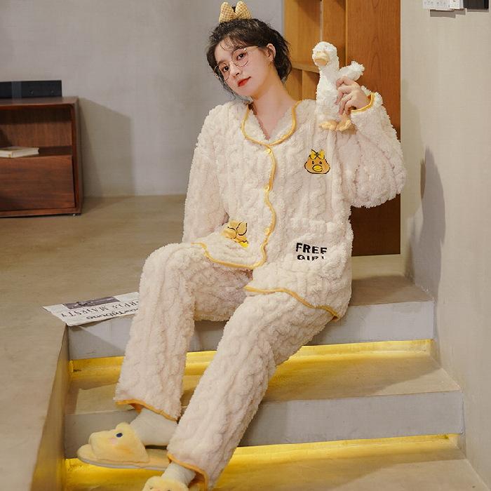 Coral Fleece Thickened Pajamas Women Autumn Winter Plush Added Sweet Cute Pink Girl Flannel Home Clothes Set Casual Nightwear