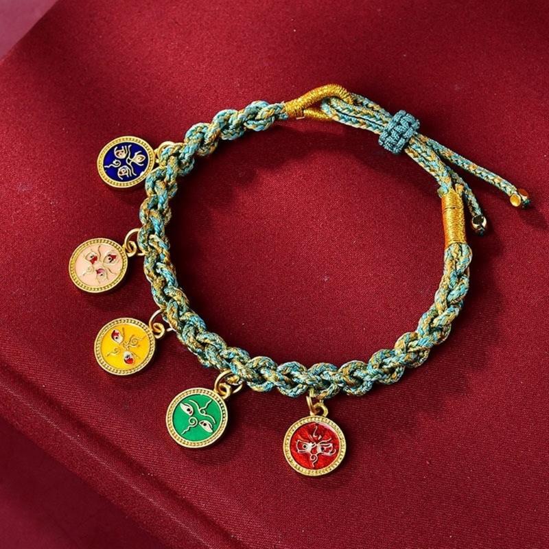 Handmade Tibetan Bracelet Colorful Five Way God of Wealth Bangle Adjustable Pulling Rope Wristchain for Women and Girls