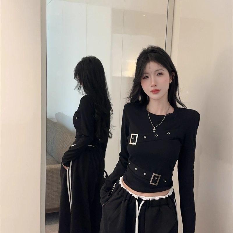 Women's T-shirts Black Long Sleeve Girls Y2K T-shirts Casual Leisure Street Wear