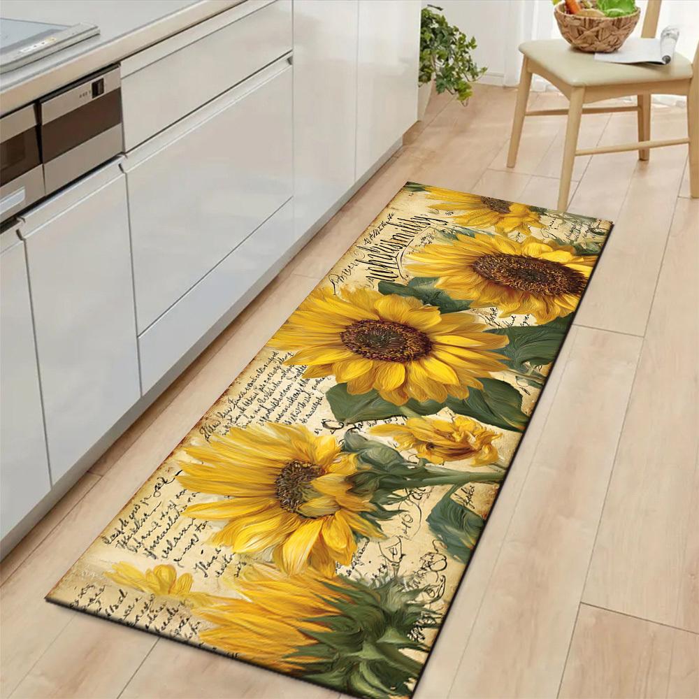 1Pcs Blooming Sunflowers Slogan 'Wohlgefhlt' Non-Slip Washable Area Rug Runner for Entryway, Living Room, Bedroom & Patio