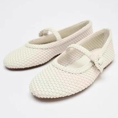 Fashion White Woven Design Brand Ballet Flats Women Fashion Round Toe Buckle Mary Jane Shoes Elegant Comfortable Soft Sole Casual Shoes