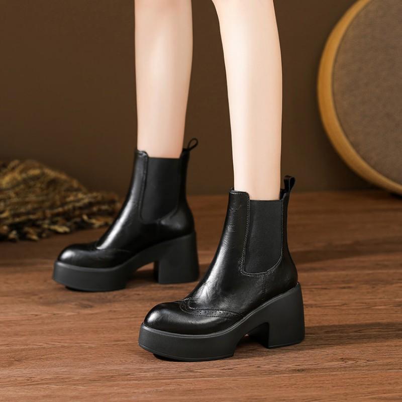 Womens Brown Leather Chelsea Boots Chunky Heel Platform Ankle All