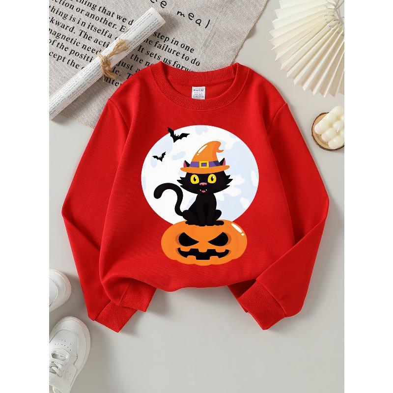 Girls Halloween Crew Neck SweatshirtHalloween Black Cat Witch Hat Pumpkin Print_1, Fun Print Kids Autumn Clothing