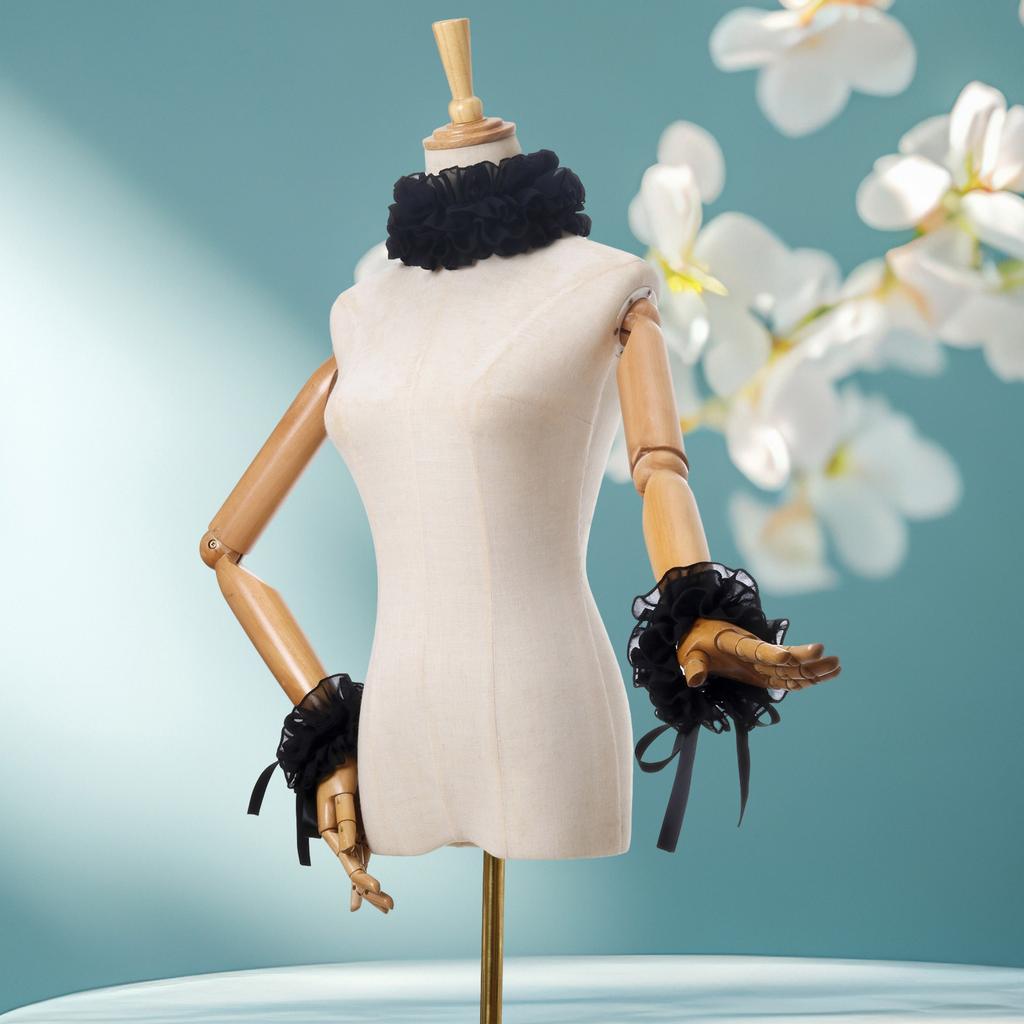 Elisabethanische Rüschen Falscher Kragen Viktorianisch Schwarz Halskrause Choker und Handgelenkstulpen Set für Halloween Kostümzubehör