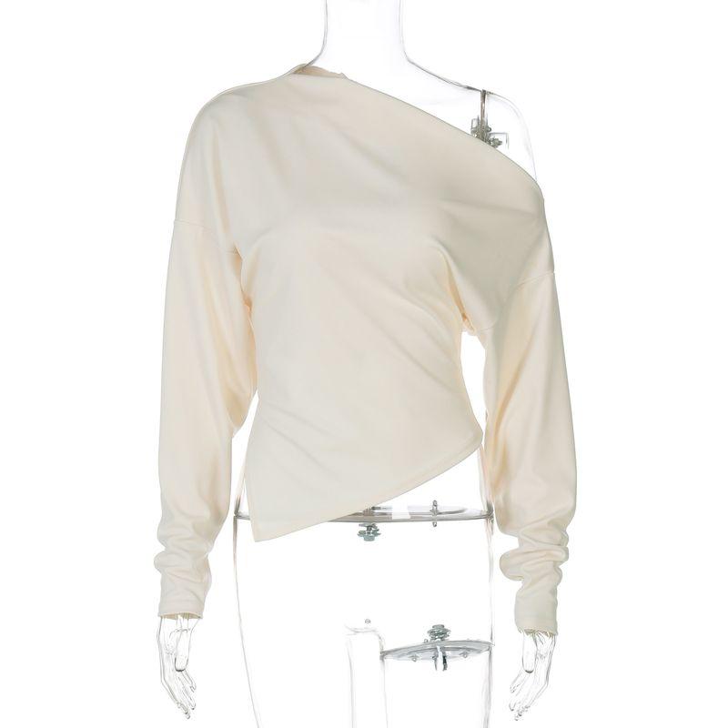 Shemoda Early Autumn Asymmetrical One-Shoulder Cold-Shoulder Long Sleeves Tops Fashion All-Match Sexy Slim Fit Slit Niche Style T-shirt