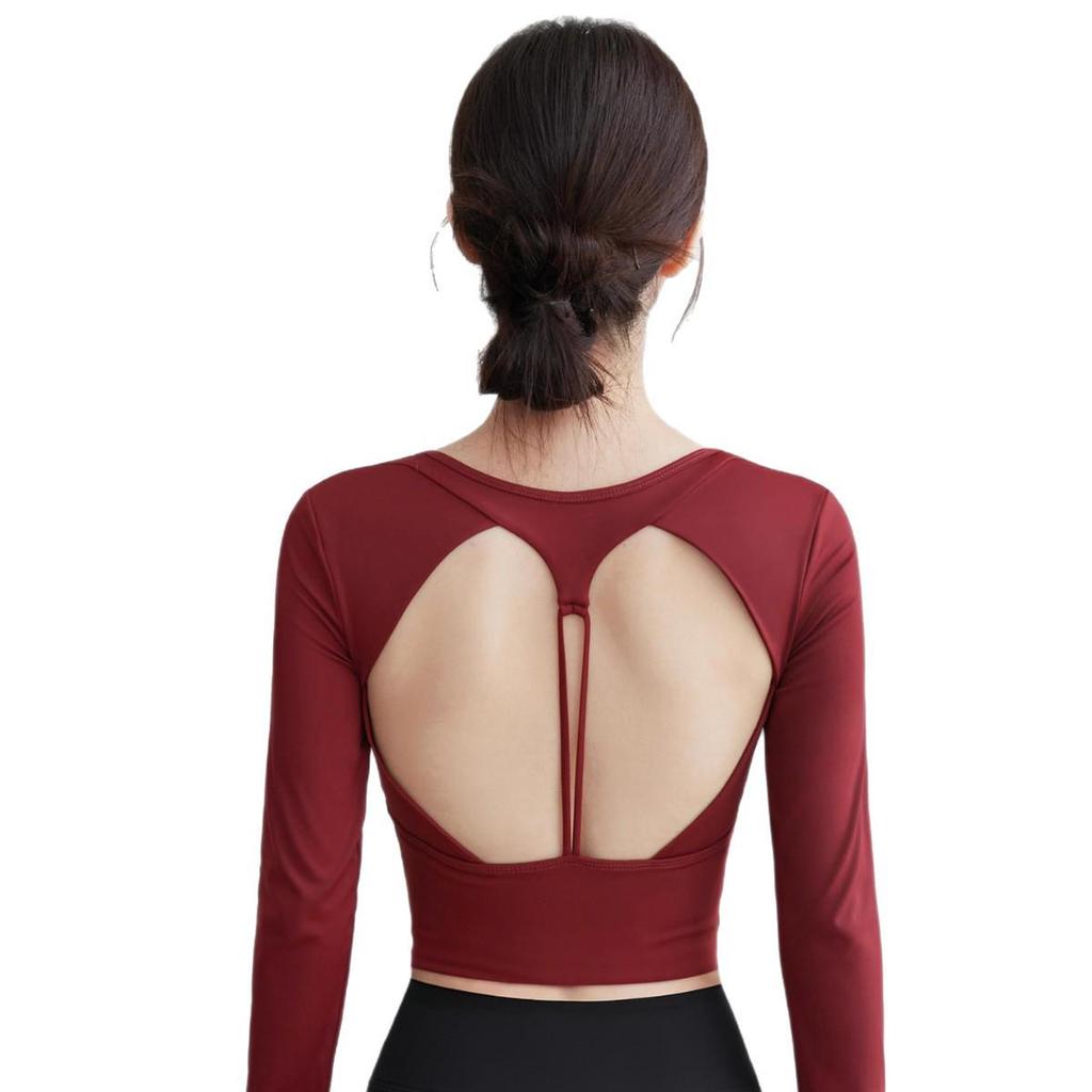 Women's Autumn Slimming Yoga Top - Beautiful Back, Round Neck, Long Sleeve, Versatile Short Fitness T-Shirt