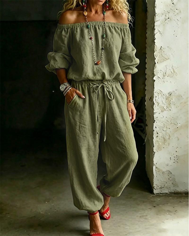 Womens Off Shoulder Long Sleeve Top Drawstring Waist Tapered Pants Two Piece Casual Outfit