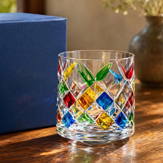 Rotating Whiskey Glass, Hand Painted Swivel Tumbler with 360-degree Spinning Base, Faux Crystal Liquor Glass Cup for Home Bar