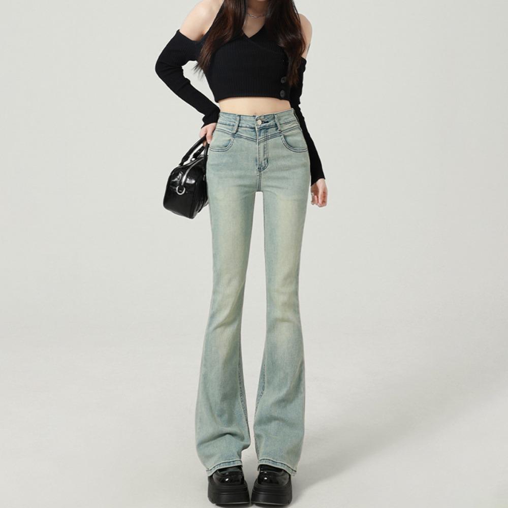 

Джинсы микро-клеш женские весна-осень новые с высокой посадкой, облегающие и визуально удлиняющие ноги, брюки микро-клеш-подковы в стиле ленивого ветра XL