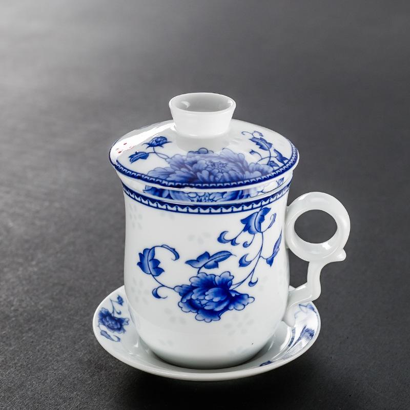 Ceramic Blue And White Office Large Filter Four-Piece Set Meeting Personal Teacup