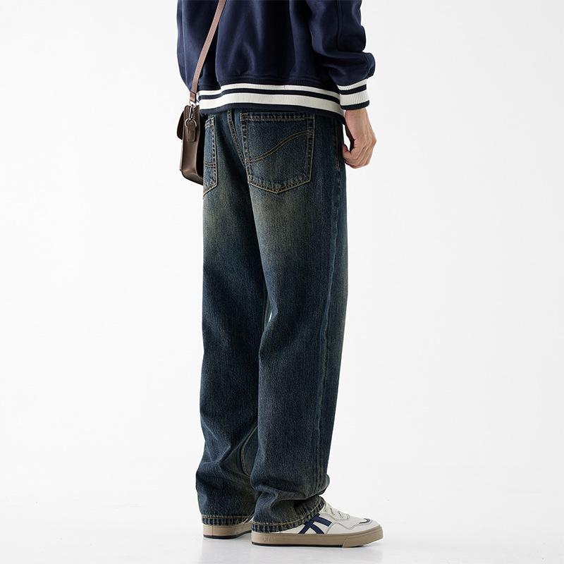 New Washed Blue Non-elastic Jeans Men's Fashion Trendy Brand American High Street Casual Pants Men's Wide-leg Pants Trousers