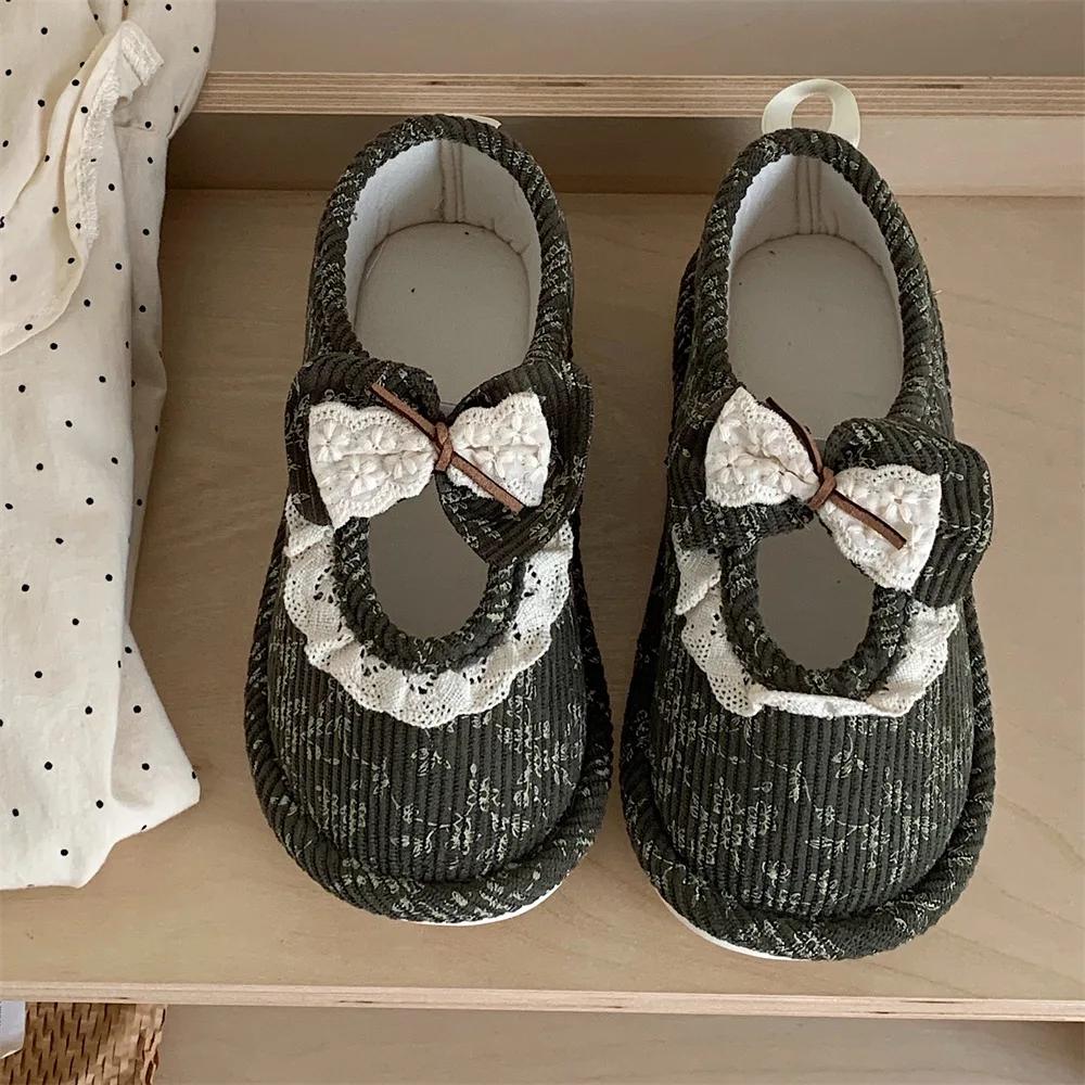 Retro Lace Bow Cotton Slippers Female Fashion Summer Thin Models Home Comfort Girls Package with Cotton Shoes