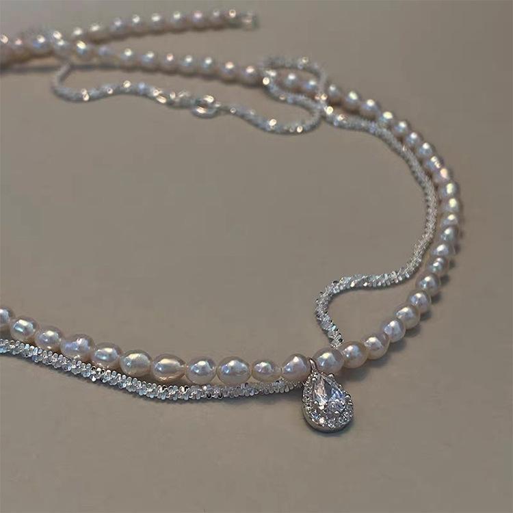 Korean Versatile Neck Chain Collarbone Chain French Retro Water Drop Zircon Freshwater Pearl Necklace