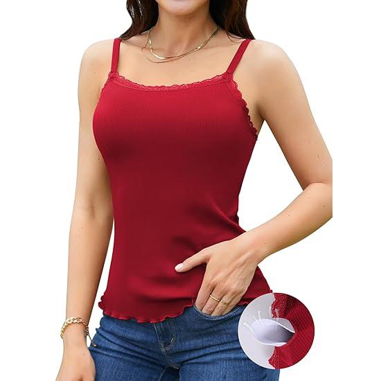 

CHARMLEAKS Женская кружевная майка со встроенным бюстгальтером, регулируемые бретельки-спагетти, майка-топ, салатовый подол, ребристая майка XL красный