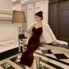 French black velvet suspender dress women's early autumn summer senior sexy hip wrap birthday evening dress long skirt