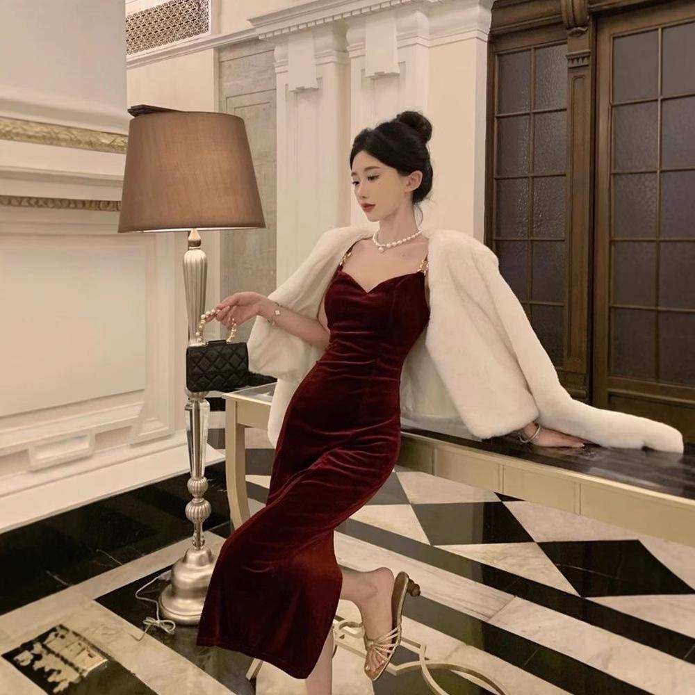 French black velvet suspender dress women's early autumn summer senior sexy hip wrap birthday evening dress long skirt