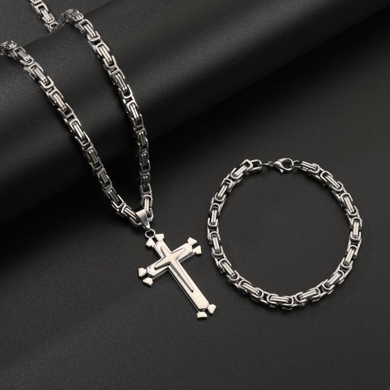 Trendy Triple-Layer Cross Pendant Necklace and Bracelet Set A0608