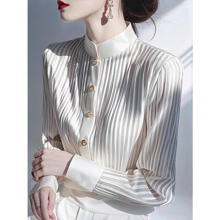 Women's Striped Shirt with French Standing Collar Women's Spring Shirt