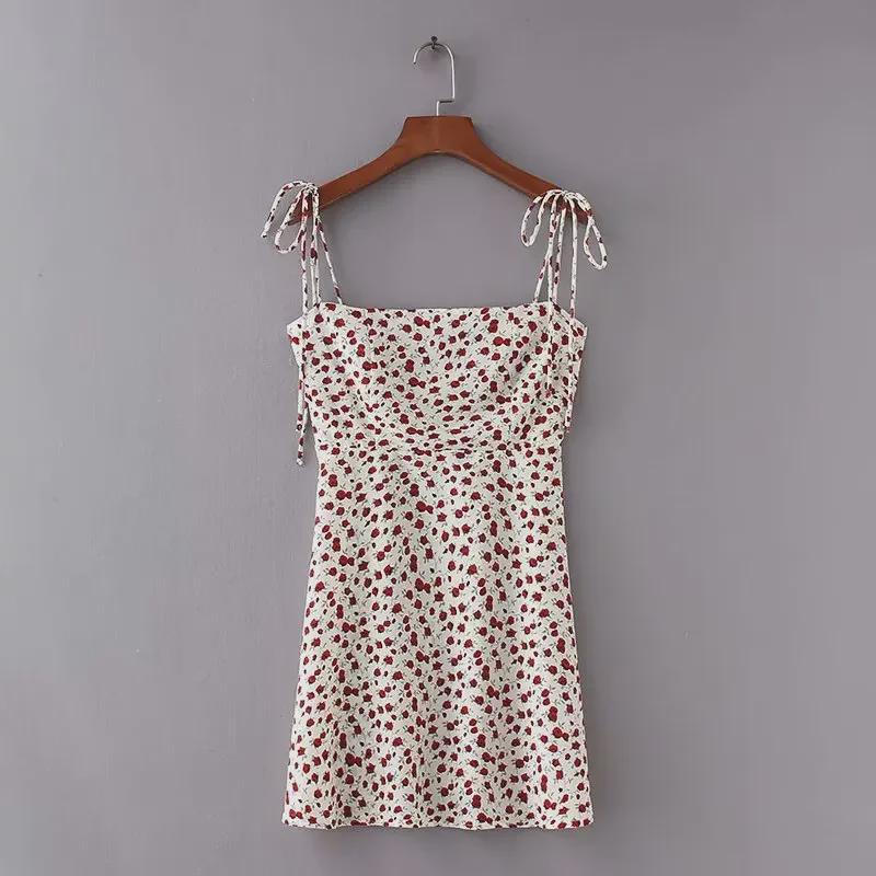 2018 Summer French Floral Spaghetti Strap Square Neck Camisole Women's Backless Mini Dress